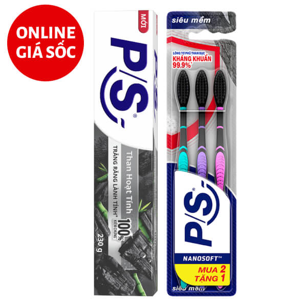 Kem đánh răng P/S than hoạt tính 230g & 3 bàn chải P/S lông tơ siêu mảnh