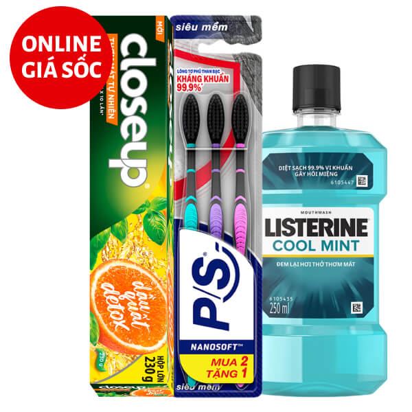 Bàn chải P/S, kem đánh răng Closeup dầu quất 230g và nước súc miệng Listerine 250ml