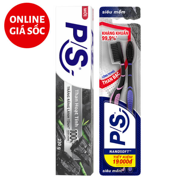Kem đánh răng P/S than hoạt tính 230g & 2 bàn chải P/S than bạc kháng khuẩn