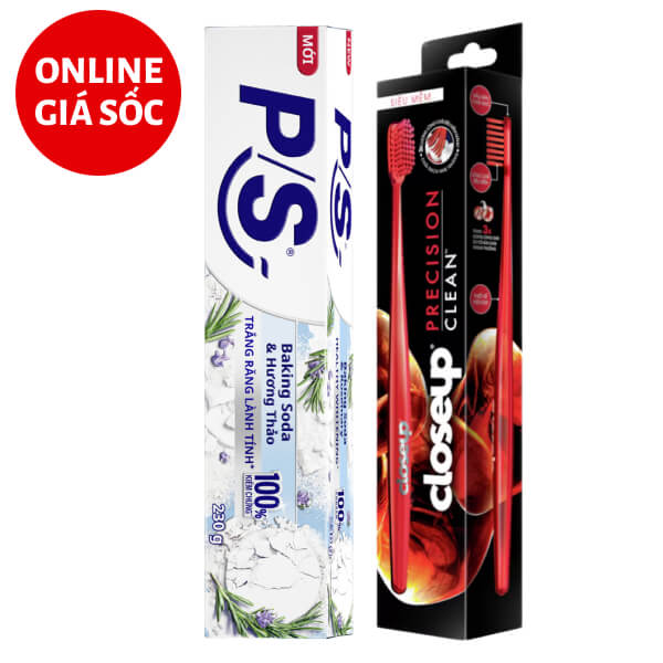 Kem đánh răng P/S baking soda hương thảo 230g & bàn chải Closeup Precision Clean