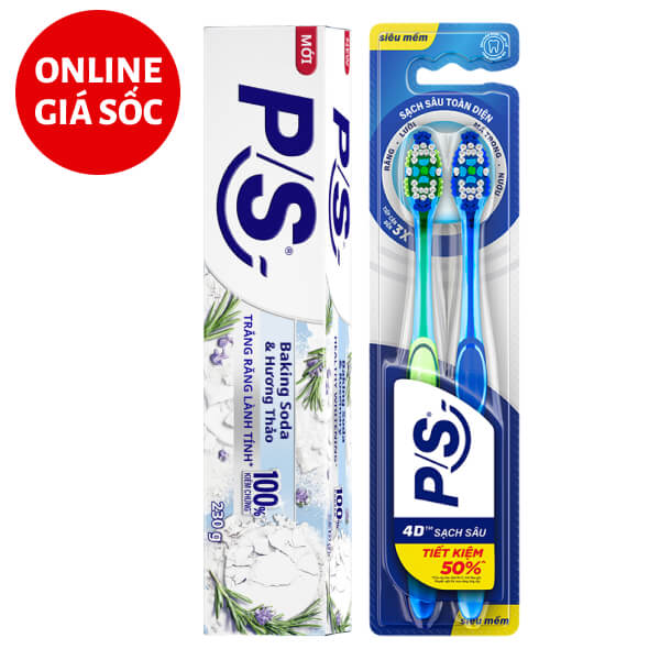 Kem đánh răng P/S baking soda hương thảo 230g & 2 bàn chải P/S 4D sạch sâu