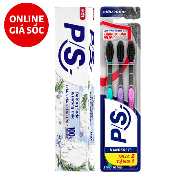 Kem đánh răng P/S baking soda hương thảo 230g & 3 bàn chải P/S lông tơ siêu mảnh
