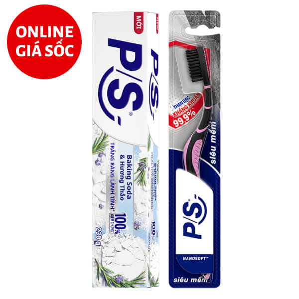 Kem đánh răng P/S baking soda, hương thảo 230g & bàn chải P/S than bạc kháng khuẩn