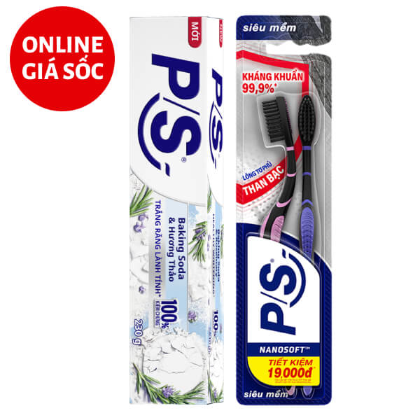 Kem đánh răng P/S baking soda hương thảo 230g & 2 bàn chải P/S than bạc kháng khuẩn