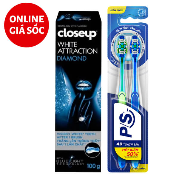 Kem đánh răng Closeup Diamond 100g và 2 bàn chải P/S 4D sạch sâu