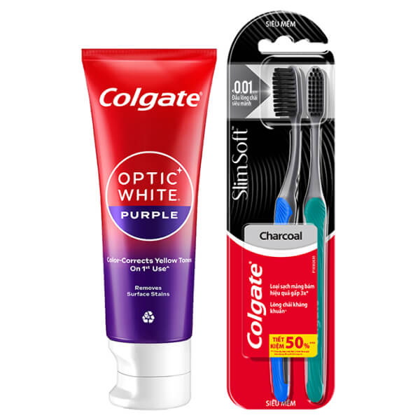 Kem đánh răng Colgate Optic White Purple 100g & 2 bàn chải Colgate SlimSoft Charcoal