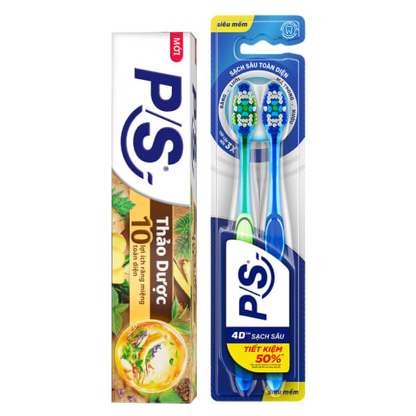 Kem đánh răng P/S thảo dược 150g & 2 bàn chải P/S 4D sạch sâu