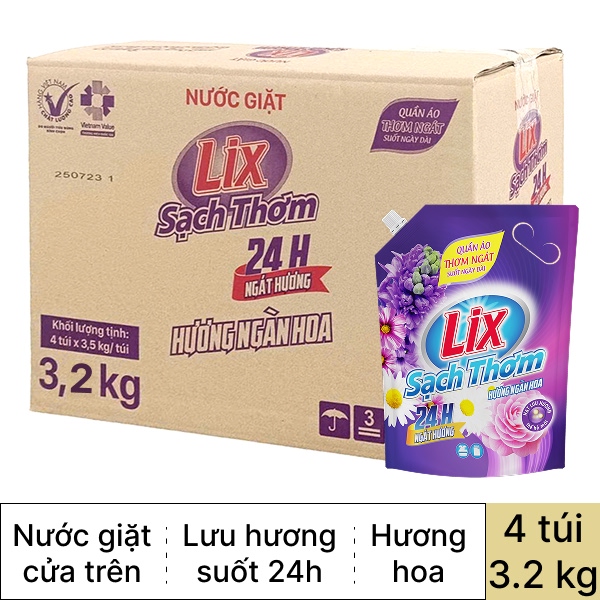 Thùng 4 túi nước giặt Lix ngàn hoa 3.2kg