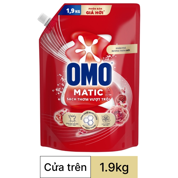 Nước giặt OMO cửa trên sạch thơm vượt trội túi 1.9kg