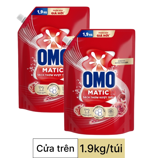2 túi nước giặt OMO cửa trên sạch thơm vượt trội 1.9kg