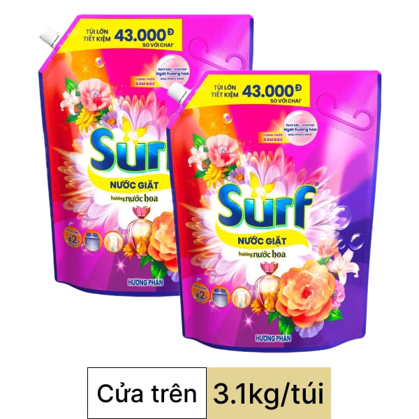2 túi nước giặt Surf nước hoa hương phấn 3.1kg