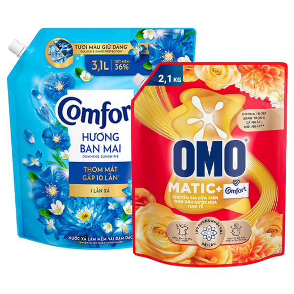 Nước giặt OMO Matic 2.1kg và nước xả Comfort ban mai 3.1 lít