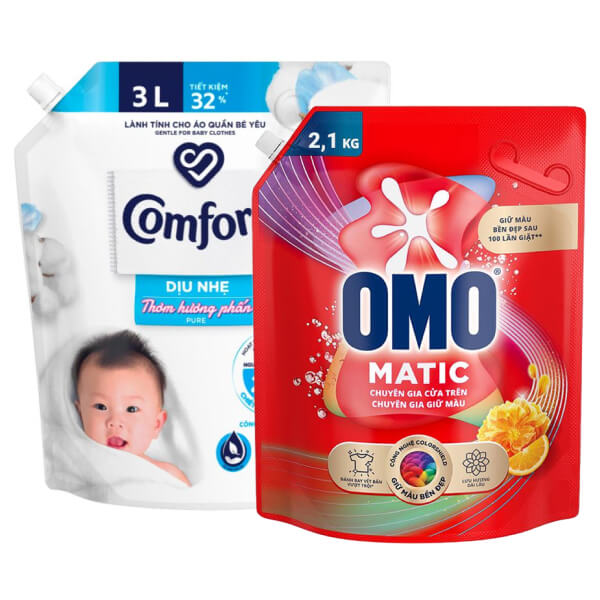 Nước giặt OMO giữ màu 2.1kg và nước xả Comfort hương phấn 3 lít