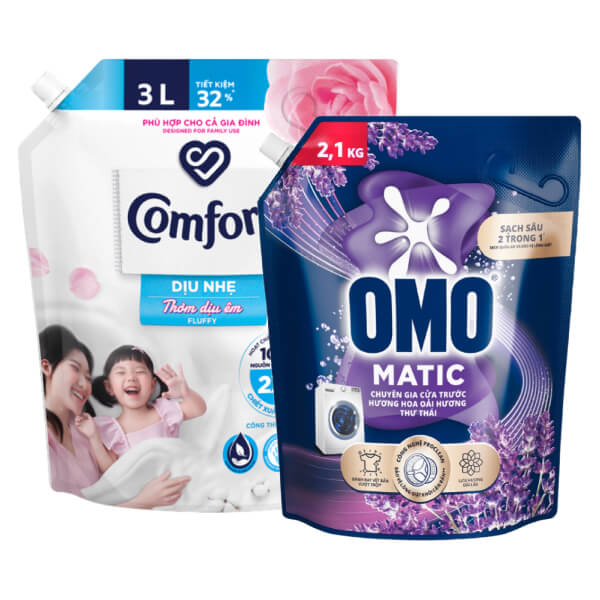 Nước giặt OMO oải hương 2.1kg và nước xả Comfort dịu nhẹ 3 lít