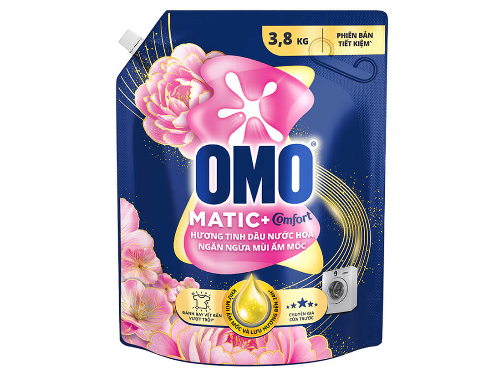 Nước giặt OMO Matic Comfort cửa trước ngăn mùi ẩm mốc hương nước hoa túi 3.8kg
