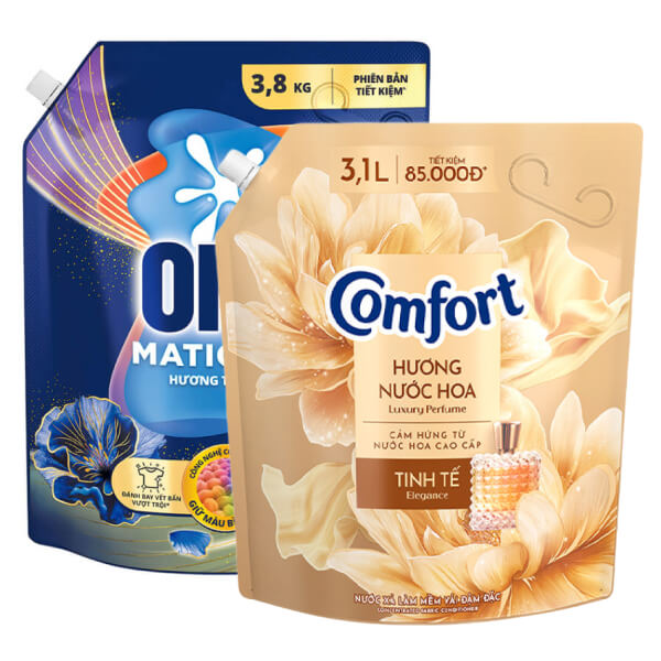 Nước giặt OMO Matic giữ màu 3.8kg & nước xả Comfort tinh tế 3.1l