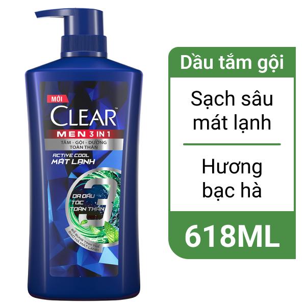 Tắm gội Clear men 3 in 1 bạc hà mát lạnh 618ml