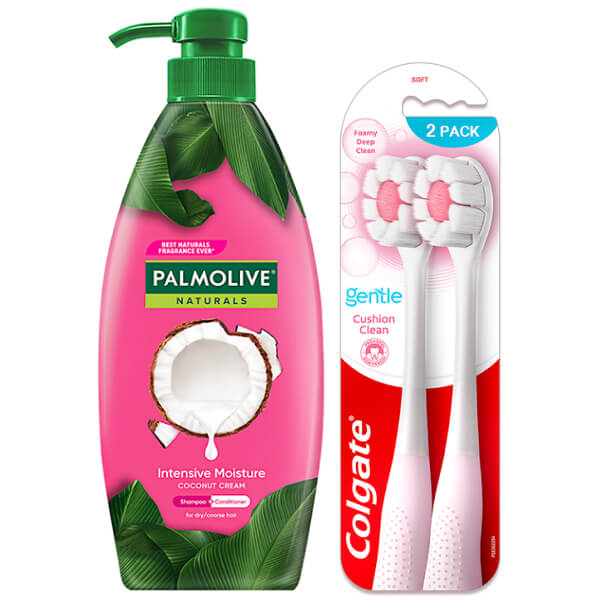 Dầu gội Palmolive sữa dừa 600ml & 2 bàn chải Colgate Cushion Clean