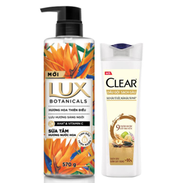 Dầu gội Clear thảo dược 330ml & sữa tắm Lux hoa thiên điểu 562ml