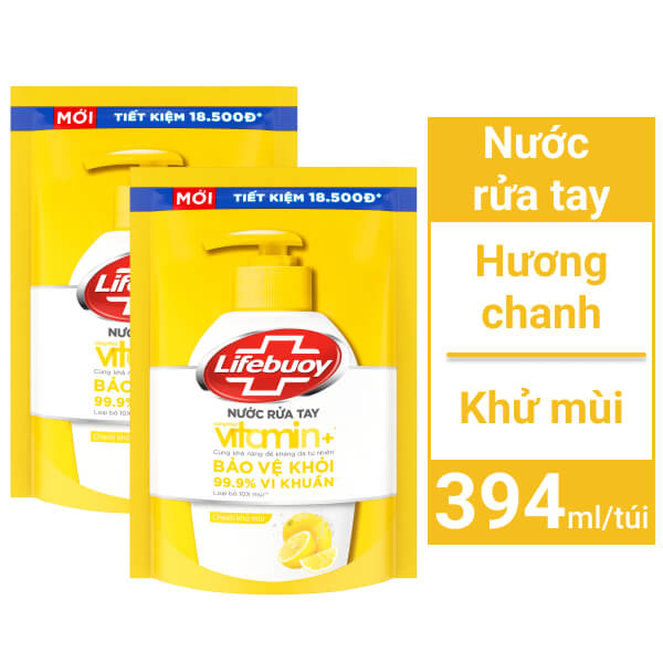 2 túi nước rửa tay Lifebuoy khử mùi chanh 394ml