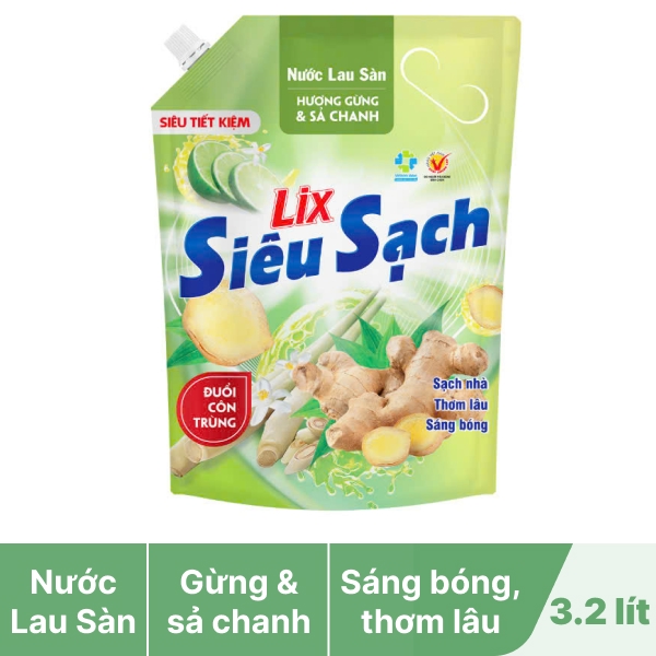 Nước lau sàn Lix siêu sạch gừng & sả chanh 3.2 lít