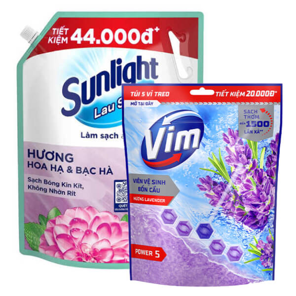 Nước lau sàn Sunlight bạc hà 3.6kg & 5 vỉ treo bồn cầu VIM oải hương