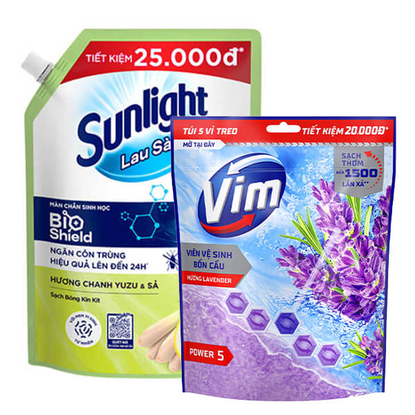 Nước lau sàn Sunlight chanh sả 2kg & 5 vỉ treo bồn cầu VIM oải hương
