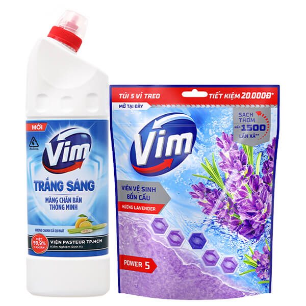 Tẩy bồn cầu VIM chanh sả 870ml & 5 vỉ treo bồn cầu VIM oải hương