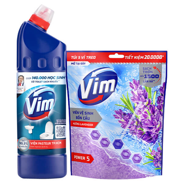 Tẩy bồn cầu & nhà tắm VIM 880ml & 5 vỉ treo bồn cầu VIM oải hương