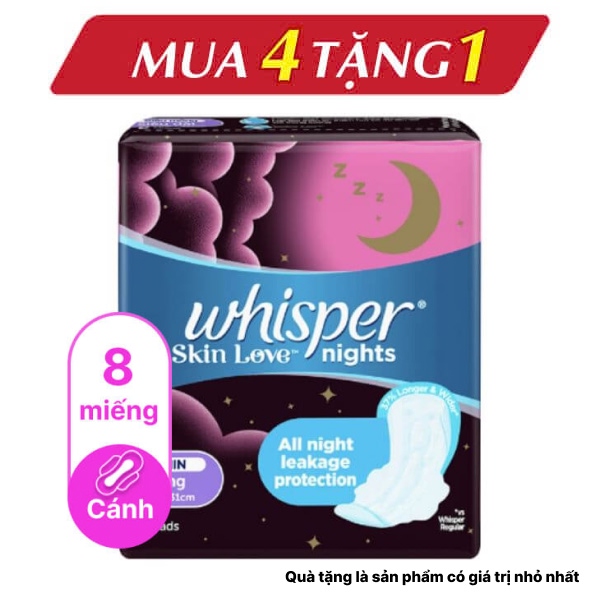 Băng vệ sinh ban đêm Whisper khô thoáng có cánh 8 miếng