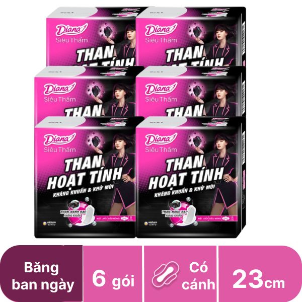 Lốc 6 gói băng vệ sinh Diana siêu thấm than hoạt tính siêu mỏng cánh 8 miếng