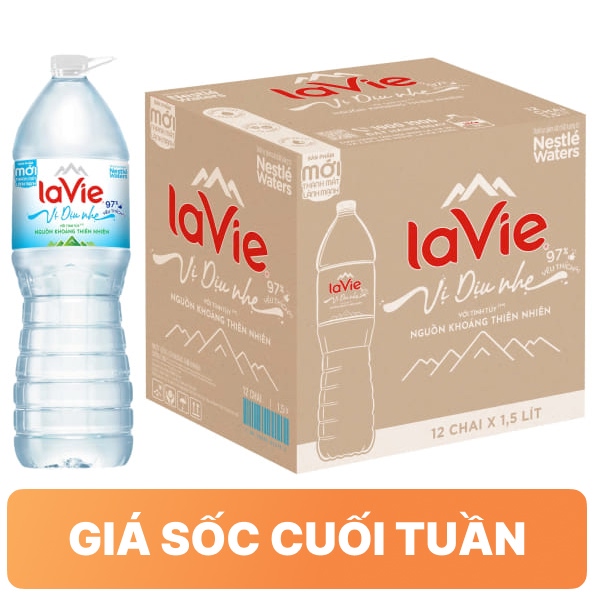 Thùng 12 chai nước khoáng vị dịu nhẹ La Vie 1.5 lít