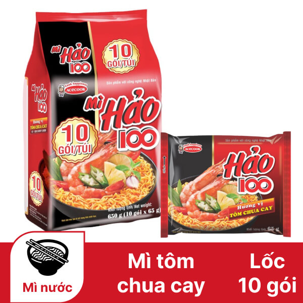Lốc 10 gói mì Hảo 100 tôm chua cay gói 65g