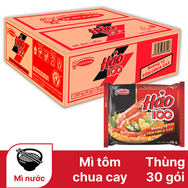 Thùng 30 gói mì Hảo 100 tôm chua cay 65g