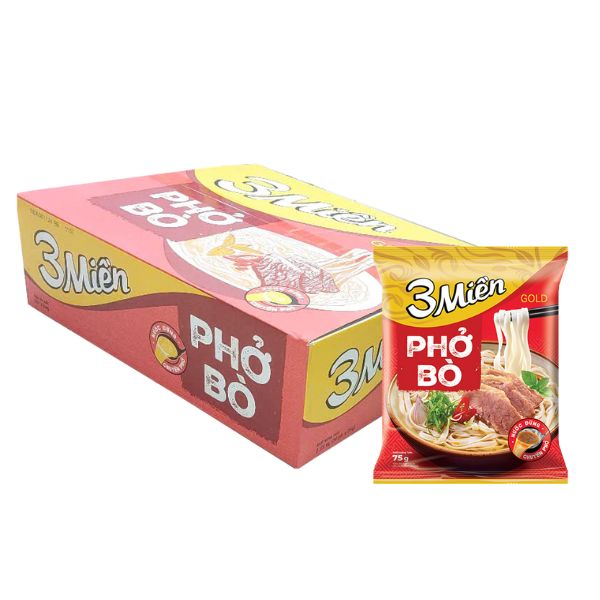 Thùng 30 gói phở bò 3 Miền Gold 75g