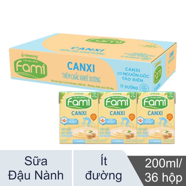 Thùng 36 hộp sữa đậu nành Fami Canxi ít đường 200ml