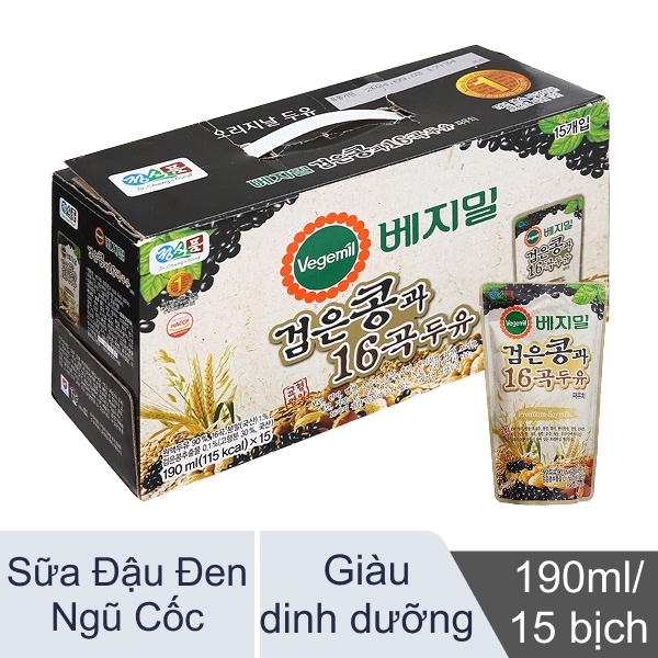 Thùng 15 bịch sữa hạt Vegemil đậu đen & 16 loại ngũ cốc 190ml