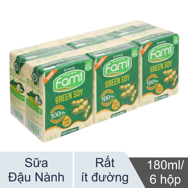 Lốc 6 hộp sữa đậu nành Fami Green Soy rất ít đường 180ml