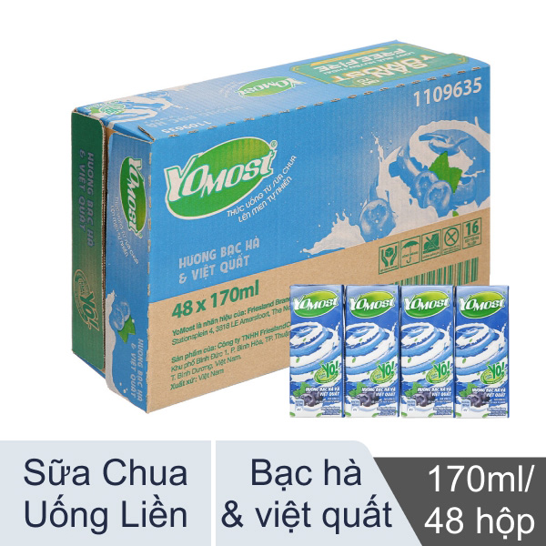 Thùng 48 hộp sữa chua YoMost bạc hà và việt quất 170ml