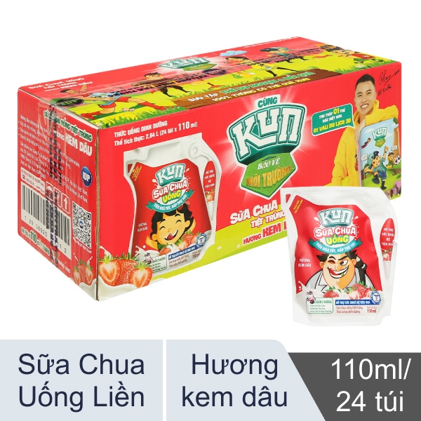 Thùng 24 túi sữa chua Lof Kun kem dâu 110ml