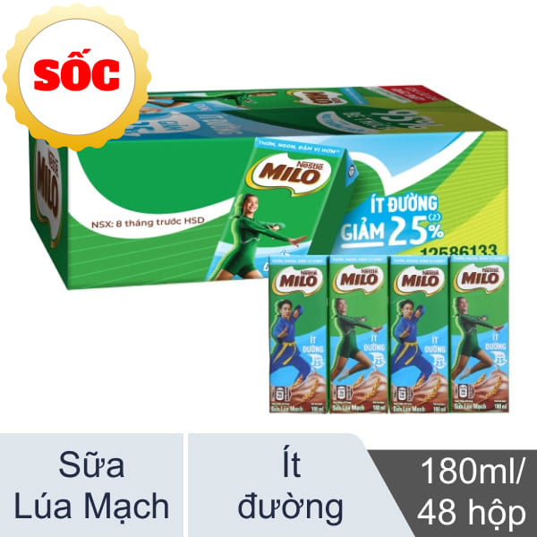 48 hộp sữa lúa mạch Milo ít đường 180ml