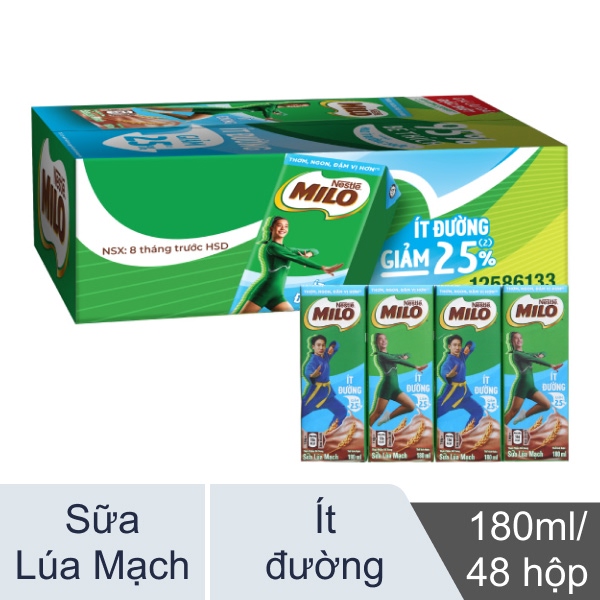 48 hộp sữa lúa mạch Milo ít đường 180ml
