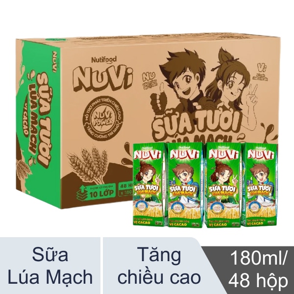 Thùng 48 hộp sữa lúa mạch Nuvi cacao 180ml