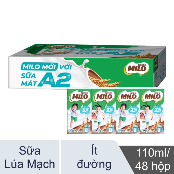 Thùng 48 hộp sữa lúa mạch ít đường Milo A2 110ml
