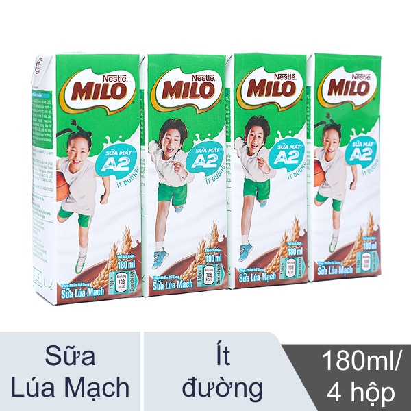 Lốc 4 hộp sữa lúa mạch ít đường Milo A2 180ml