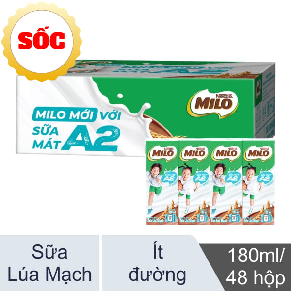 Thùng 48 hộp sữa lúa mạch ít đường Milo A2 180ml