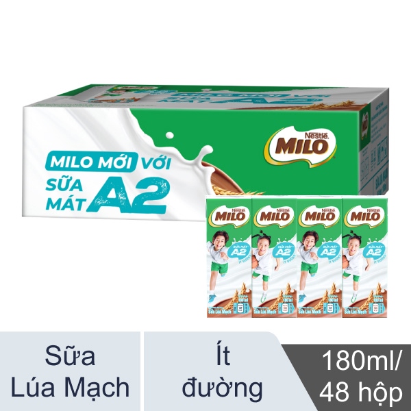 Thùng 48 hộp sữa lúa mạch ít đường Milo A2 180ml
