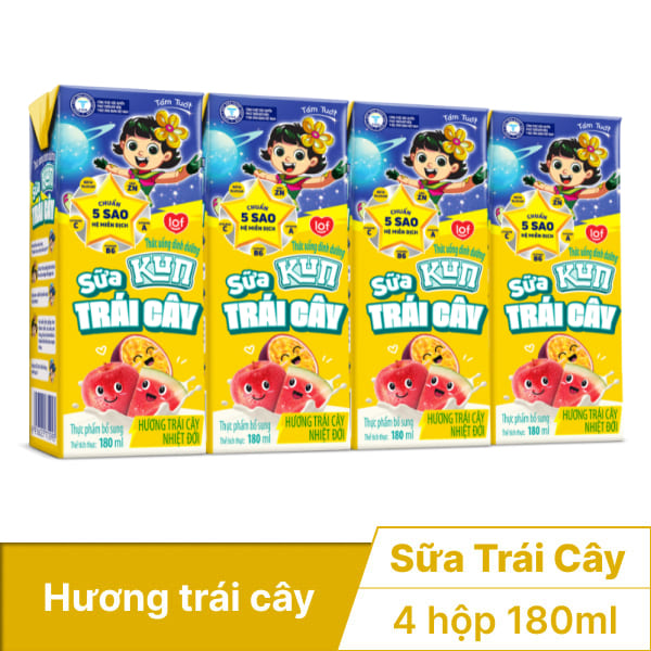 4 hộp sữa trái cây Kun trái cây nhiệt đới 180ml