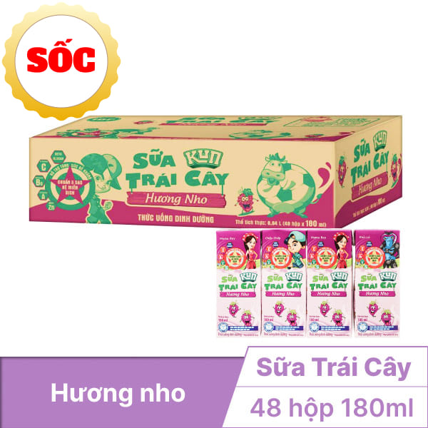 Thùng 48 hộp sữa trái cây Kun nho 180ml