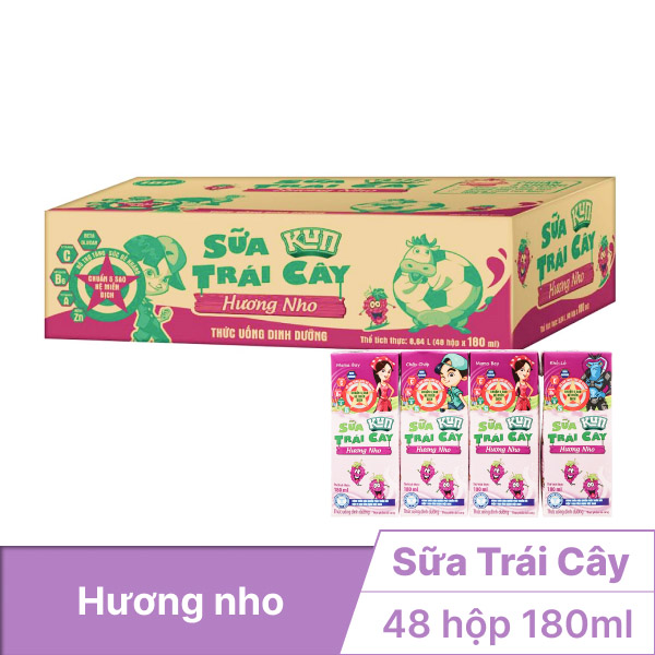 Thùng 48 hộp sữa trái cây Kun nho 180ml